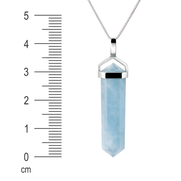 Natural Aquamarine Gemstone Double Point Pendant Necklace on 925 Sterling Silver Box Chain.