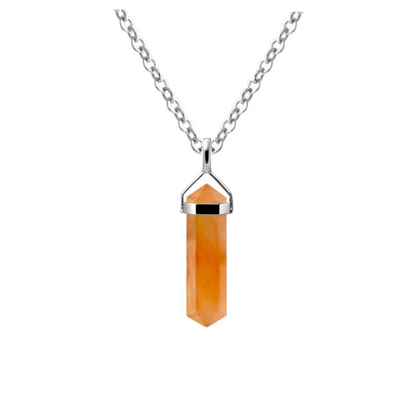 Natural Carnelian Gemstone & Sterling Silver Small Double Point Pendant Necklace. Pendant Length: 3cm Chain Length: 50cm