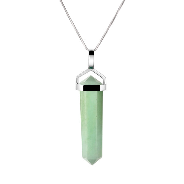 Natural Chrysoprase Gemstone & Sterling Silver Double Point Pendant Necklace. Pendant Length: 4cm. Chain Length: 50cm