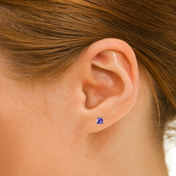 Natural Facetted Dainty Round Amethyst Gemstone & Sterling Silver Stud Earrings. Gem Size: 4mm.
