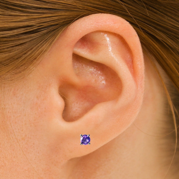 Natural Facetted Dainty Round Amethyst Gemstone & Sterling Silver Stud Earrings. Gem Size: 4mm.