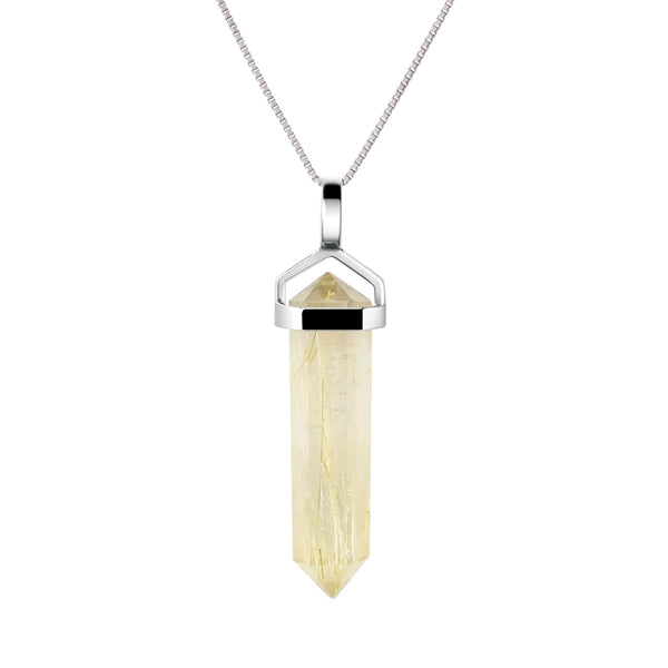 Natural Gold Rutilated Quartz Gemstone & Sterling Silver Double Point Pendant Necklace. Pendant Length: 4cm. Chain Length: 50cm