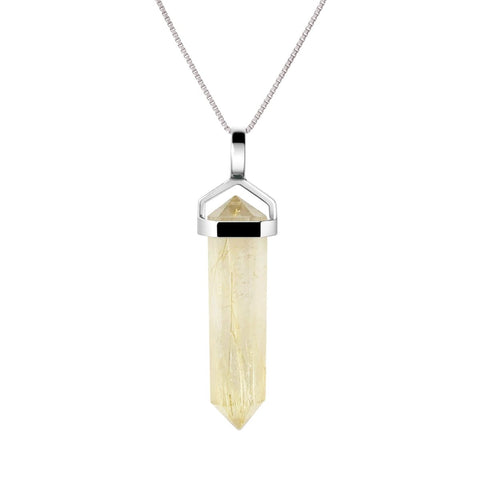Natural Gold Rutilated Quartz Gemstone & Sterling Silver Double Point Pendant Necklace. Pendant Length: 4cm. Chain Length: 50cm
