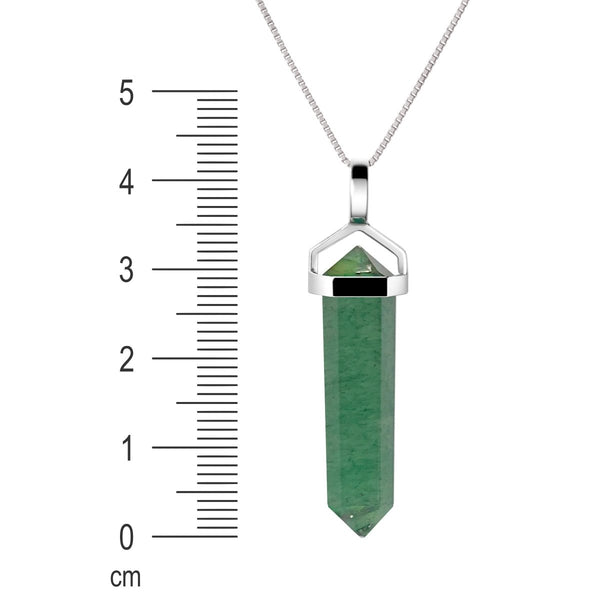 Natural Green Aventurine Gemstone & Sterling Silver Double Point Pendant Necklace. Pendant Length: 4.5cm. Chain Length: 50cm