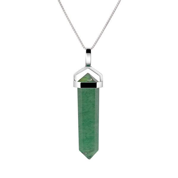 Natural Green Aventurine Gemstone & Sterling Silver Double Point Pendant Necklace. Pendant Length: 4.5cm. Chain Length: 50cm