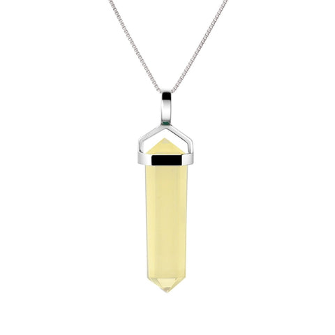 Natural Lemon Quartz Gemstone & Sterling Silver Double Point Pendant Necklace. Pendant Length: 4cm. Chain Length: 50cm