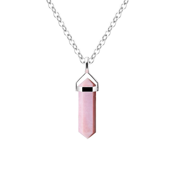 Natural Pink Opal Gemstone & Sterling Silver Dainty Double Point Pendant Necklace. Length: 55cm