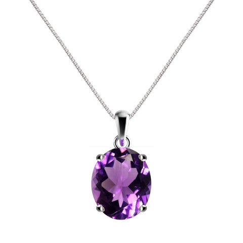 Natural Purple Amethyst Gemstone & Sterling Oval Pendant Necklace. Pendant Length: 2cm. Chain Length: 50cm