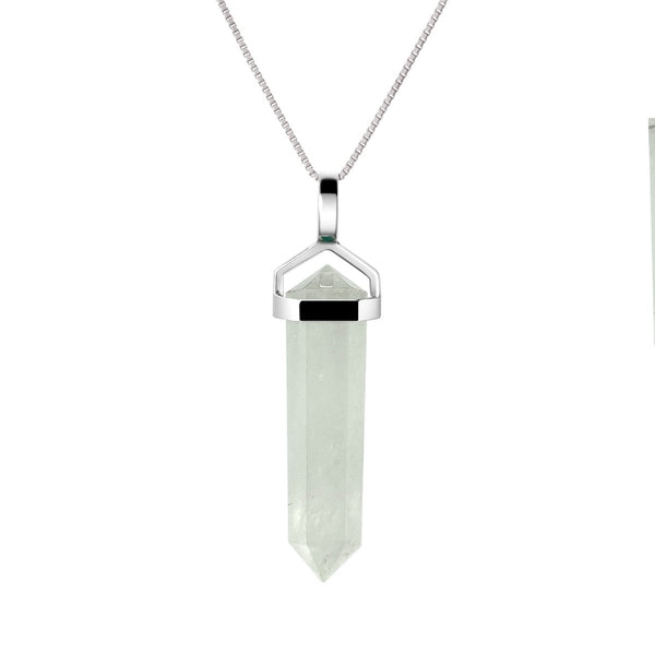 Natural Rainbow Moonstone Gemstone Double Point Pendant Necklace on 925 Sterling Silver. Pendant Length: 4.3cm. Chain Length: 50cm