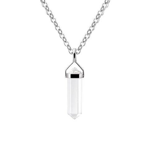 Natural Rock Crystal Gemstone & Sterling Silver Double Point Pendant Necklace. Pendant Length: 2.8cm. Chain Length: 50cm
