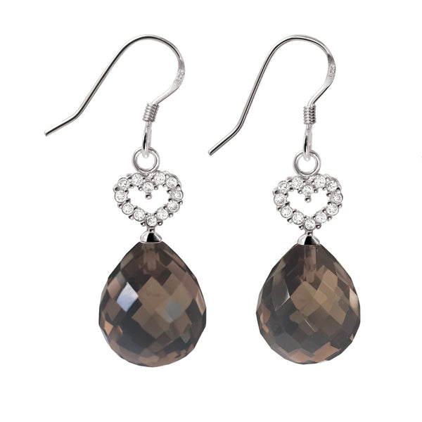 Natural Smoky Quartz Gemstone CZ Hearts & Sterling Silver Pear Drop Statement Earrings. Total Earring Length: 4cm.