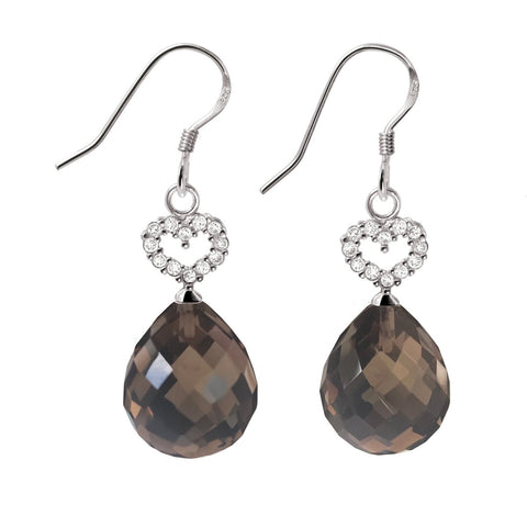 Natural Smoky Quartz Gemstone CZ Hearts & Sterling Silver Pear Drop Statement Earrings. Total Earring Length: 4cm.