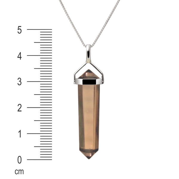 Natural Smoky Quartz Gemstone & Sterling Silver Double Point Pendant Necklace. Pendant Length: 4.5cm. Chain Length: 50cm