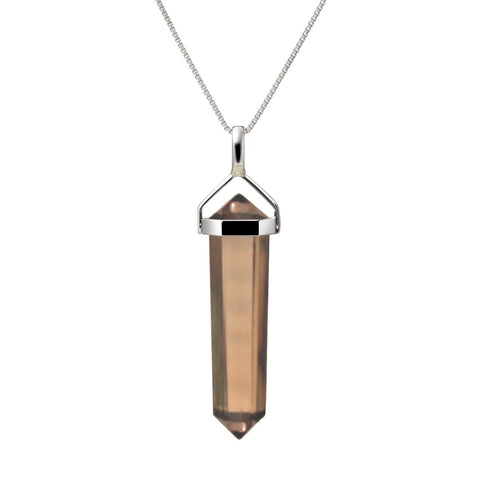 Natural Smoky Quartz Gemstone & Sterling Silver Double Point Pendant Necklace. Pendant Length: 4.5cm. Chain Length: 50cm