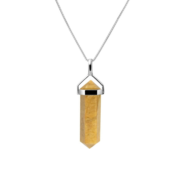 Natural Yellow Jasper Gemstone & Sterling Silver Double Point Pendant Necklace. Pendant Length: 3.2cm. Chain Length: 50cm