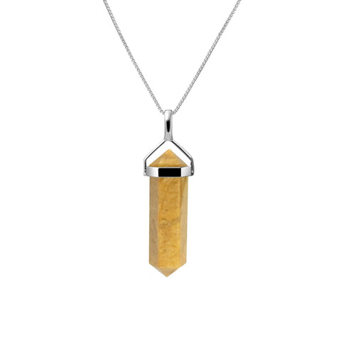 Natural Yellow Jasper Gemstone & Sterling Silver Double Point Pendant Necklace. Pendant Length: 3.2cm. Chain Length: 50cm