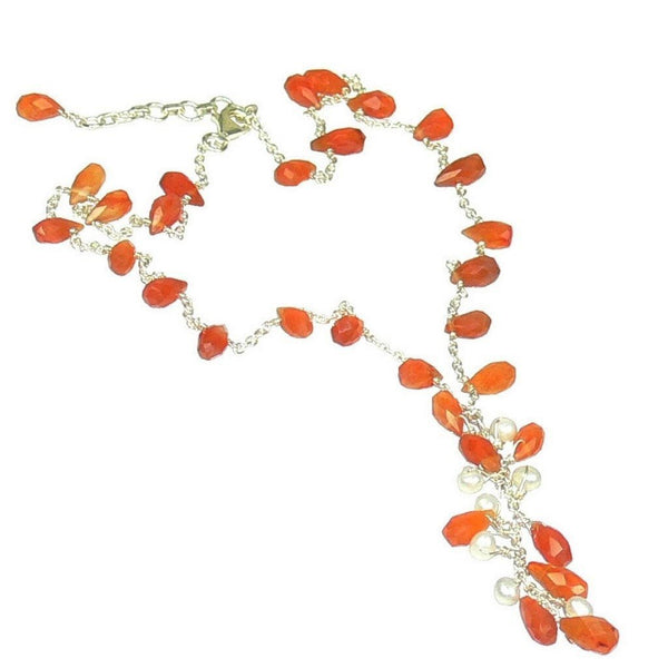 Orange Carnelian and Pearl Necklace on Sterling Silver Chain - Franki Baker Jewellery