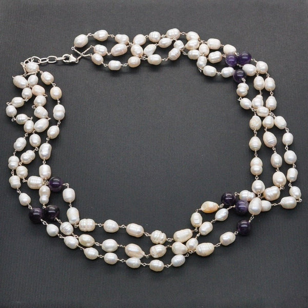 Pearl, Amethyst and Sterling Silver 3 Strand Necklace - Franki Baker Jewellery