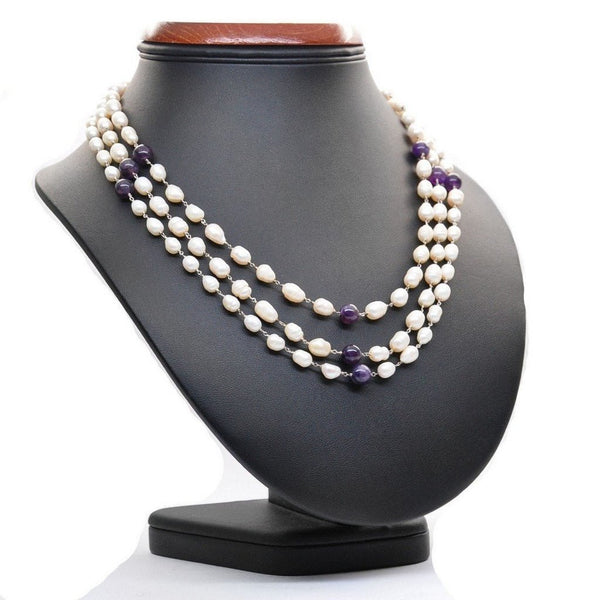 Pearl, Amethyst and Sterling Silver 3 Strand Necklace - Franki Baker Jewellery