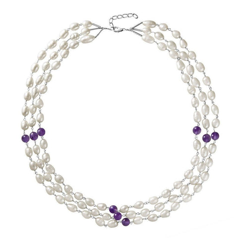 Pearl, Amethyst and Sterling Silver 3 Strand Necklace - Franki Baker Jewellery