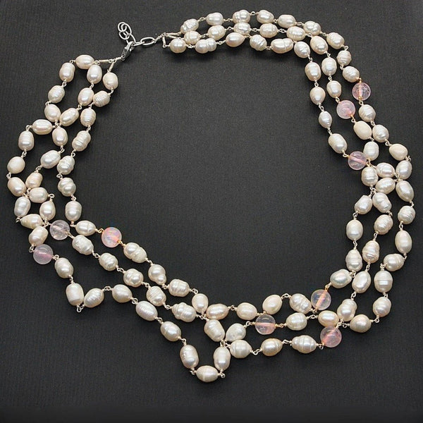 Pearls, Pink Rose Quartz and Sterling Silver Necklace - Franki Baker Jewellery