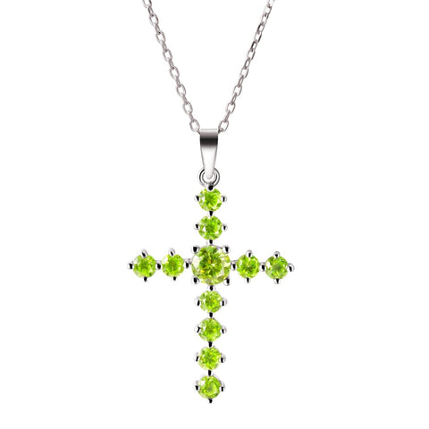 Peridot Coloured Crystal Gemstone & Sterling Silver Cross Pendant Necklace - Franki Baker Jewellery
