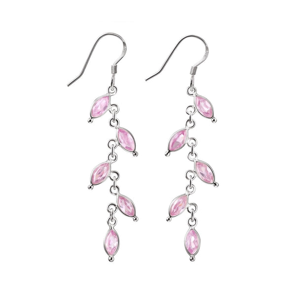 Pink Cubic Zirconia and Silver Chain Drop Leaf Earrings - Franki Baker Jewellery