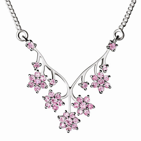 Pink Simulated Diamond CZ and Silver Flower Necklace on Silver Chain - Franki Baker Jewellery