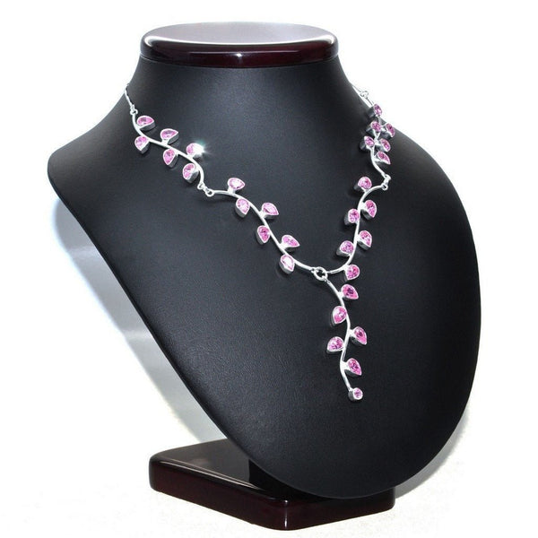 Pink Simulated Diamond CZ and Sterling Silver Vine Leaf Necklace - Franki Baker Jewellery