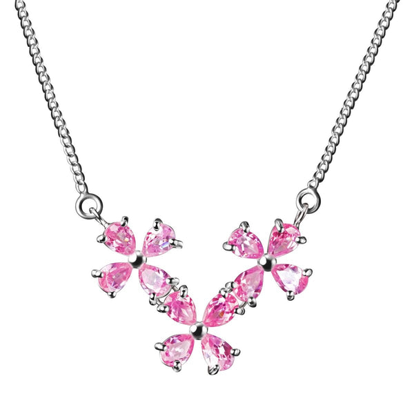 Pink Simulated Diamond Flower Necklace on Sterling Silver Chain