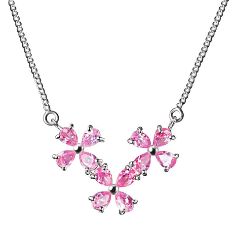 Pink Simulated Diamond Flower Necklace on Sterling Silver Chain