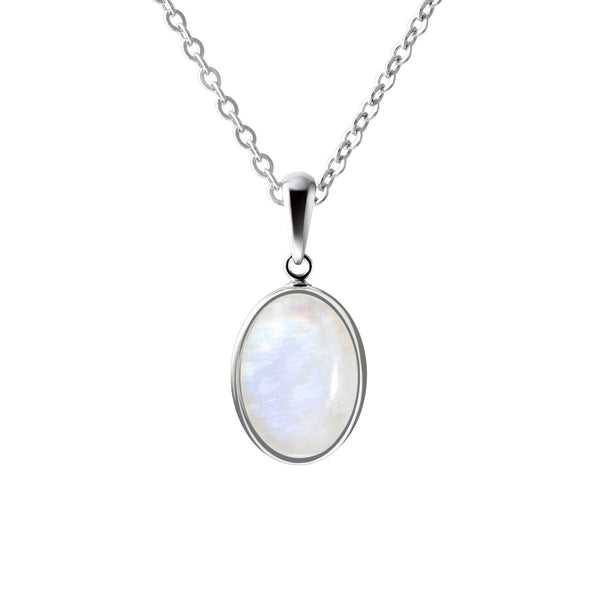 Rainbow Moonstone Oval Gemstone Pendant Necklace on Sterling Silver