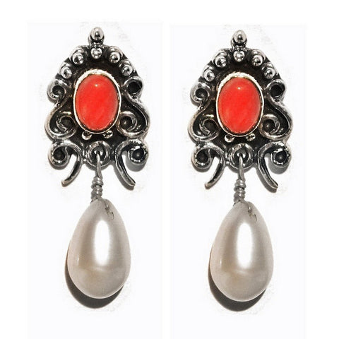 Red Onyx and Pearl Silver Earrings - Franki Baker Jewellery