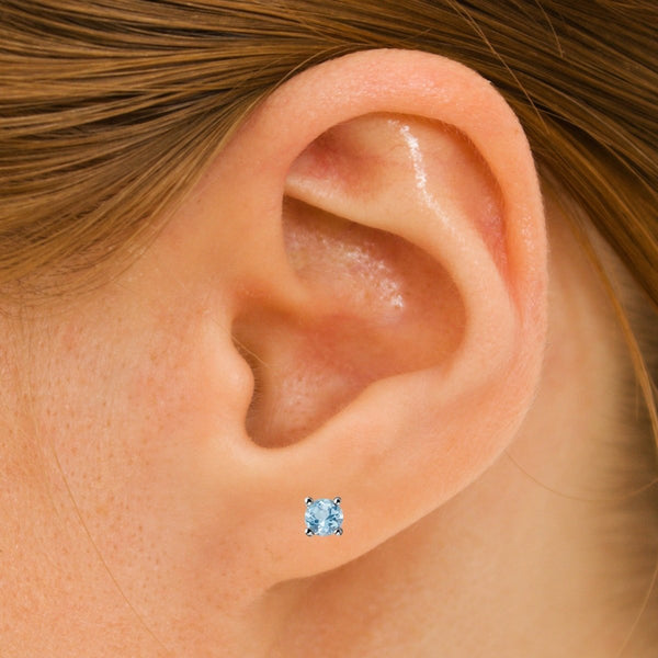 Round Natural Blue Aquamarine Gemstone Stud Earrings set in 925 Sterling Silver. Size: 4mm