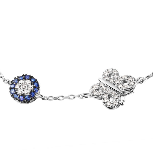 Sapphire Blue Crystal Flower and Butterfly Sterling Silver Bracelet - Franki Baker Jewellery