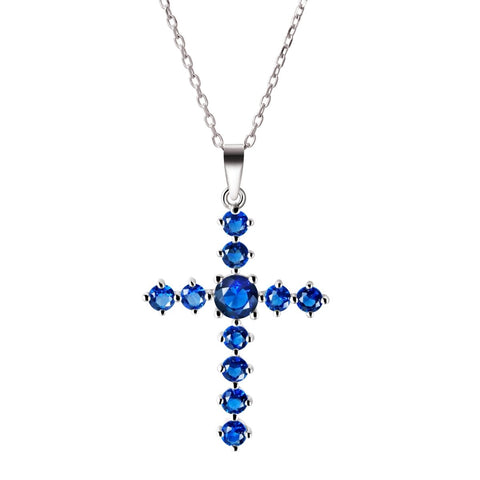 Sapphire Coloured Crystal Gemstone & Sterling Silver Cross Pendant Necklace - Franki Baker Jewellery