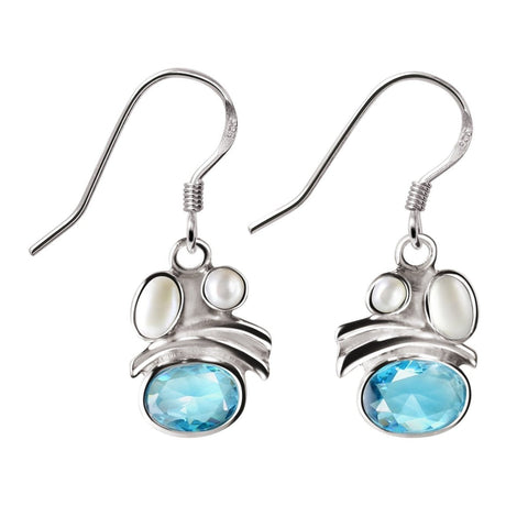 Silver and Aquamarine Blue Cubic Zirconia and Pearl Drop Earrings - Franki Baker Jewellery