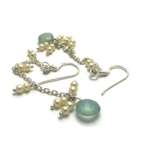 Silver and Faceted Blue-Green Aqua Chalcedony and Pearl Drop Earrings - Franki Baker Jewellery