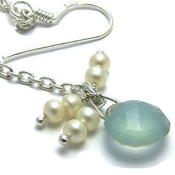 Silver and Faceted Blue-Green Aqua Chalcedony and Pearl Drop Earrings - Franki Baker Jewellery