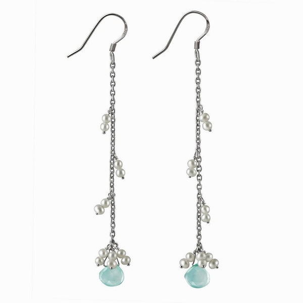 Silver and Faceted Blue-Green Aqua Chalcedony and Pearl Drop Earrings - Franki Baker Jewellery