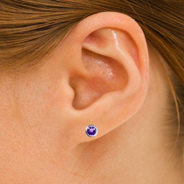 Small & Dainty Natural Amethyst Gemstones Stud Earring & 925 Sterling Silver. Gem Size: 4mm