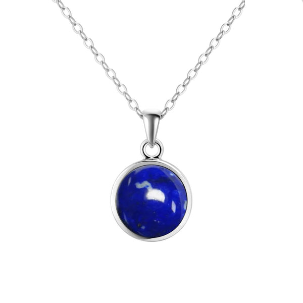 Small & Dainty Sterling Silver & Round Natural Lapis Lazuli Gemstone Pendant Necklace. Length: 50cm