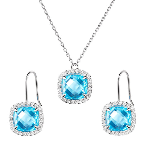 Square Blue Topaz CZ & Sterling Silver Necklace & Earring Set - Franki Baker Jewellery