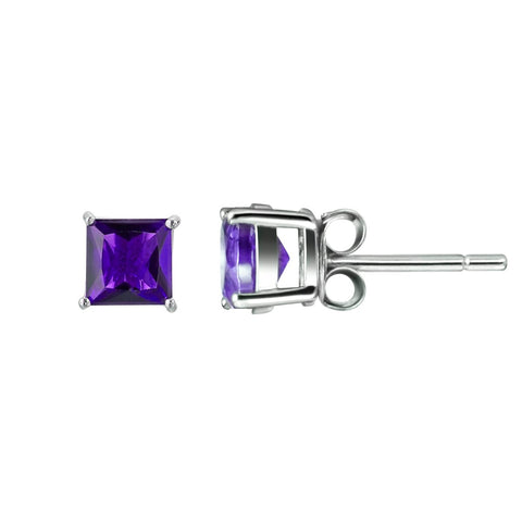 Square Facetted Cushion Cut Natural Amethyst Gemstone Stud Earrings & Sterling Silver: Size 5x5mm - Franki Baker Jewellery