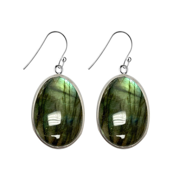 Statement Natural Labradorite Gemstone & Sterling Silver Drop Earrings. Total Length: 4.5cm