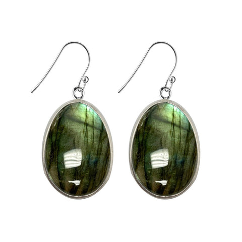 Statement Natural Labradorite Gemstone & Sterling Silver Drop Earrings. Total Length: 4.5cm