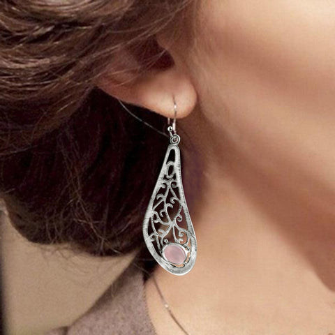 Statement Pink Natural Rose Quartz Gemstones & Silver Filigree Drop Earrings. Length: 7cm