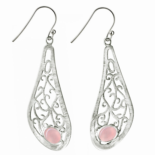 Statement Pink Natural Rose Quartz Gemstones & Silver Filigree Drop Earrings. Length: 7cm