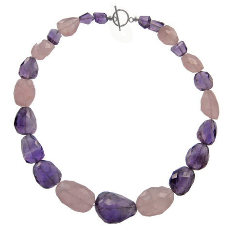 Sterling Silver, Amethyst & Rose Quartz Chunky Statement Necklace