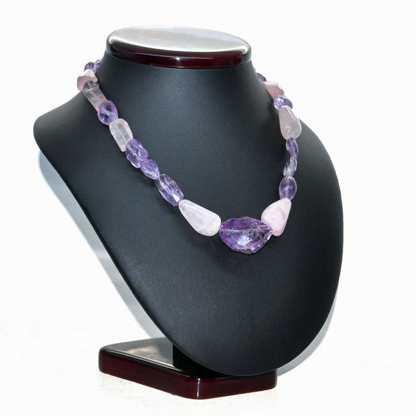 Sterling Silver, Amethyst & Rose Quartz Chunky Statement Necklace